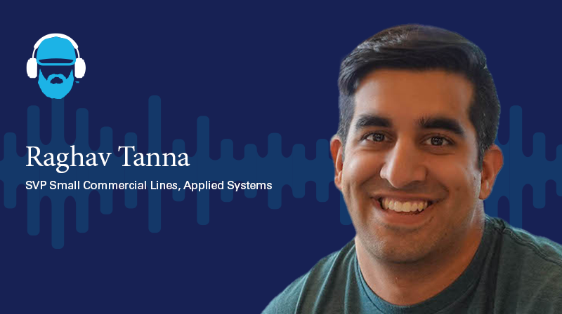 A photo of Raghav Tanna SVP Small Commercial Lines, Appplied Systems on a dark blue background with a soundwave design 