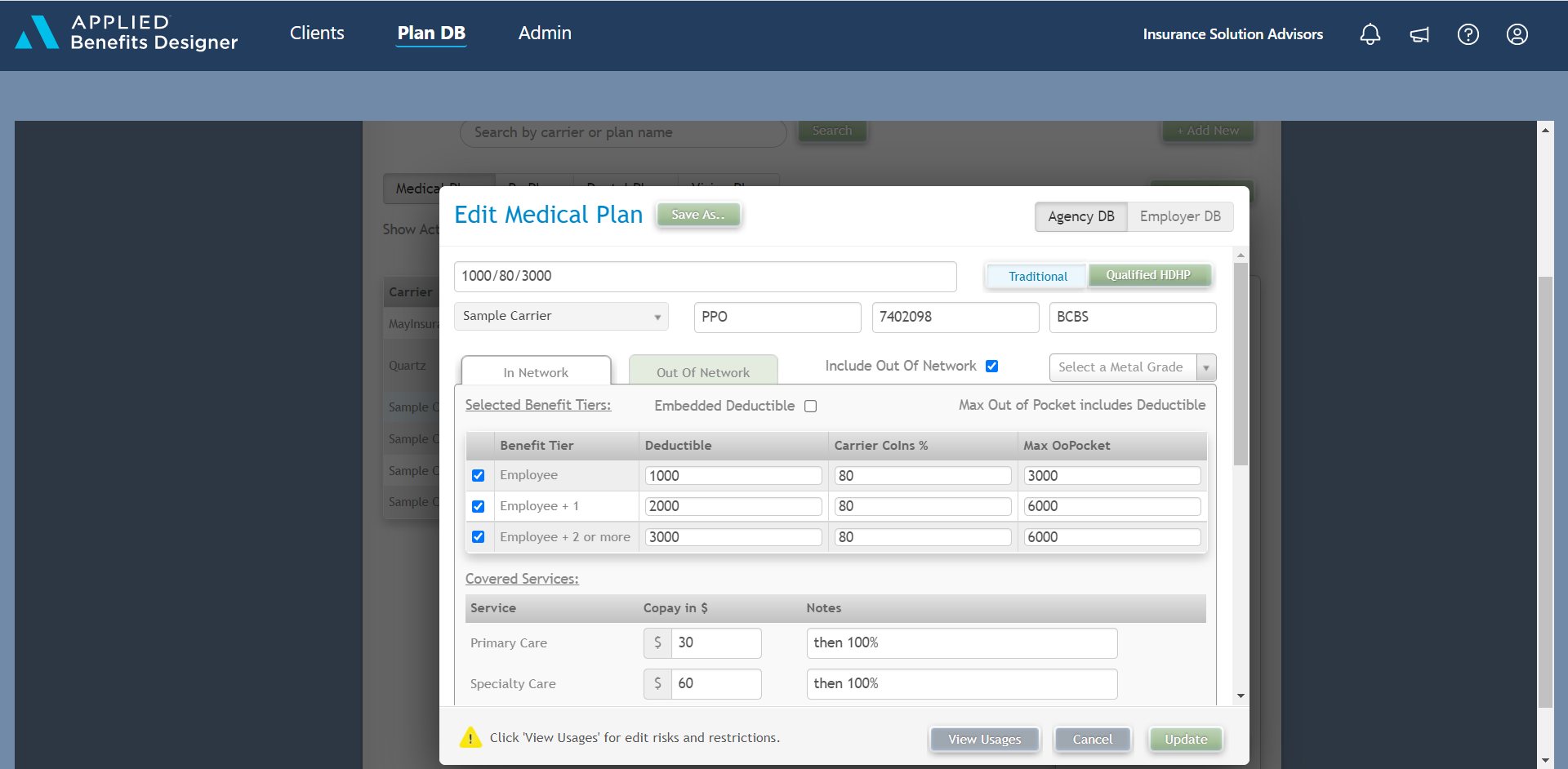 Screenshot of the Applied Benefits Designer Edit Medical Plan 