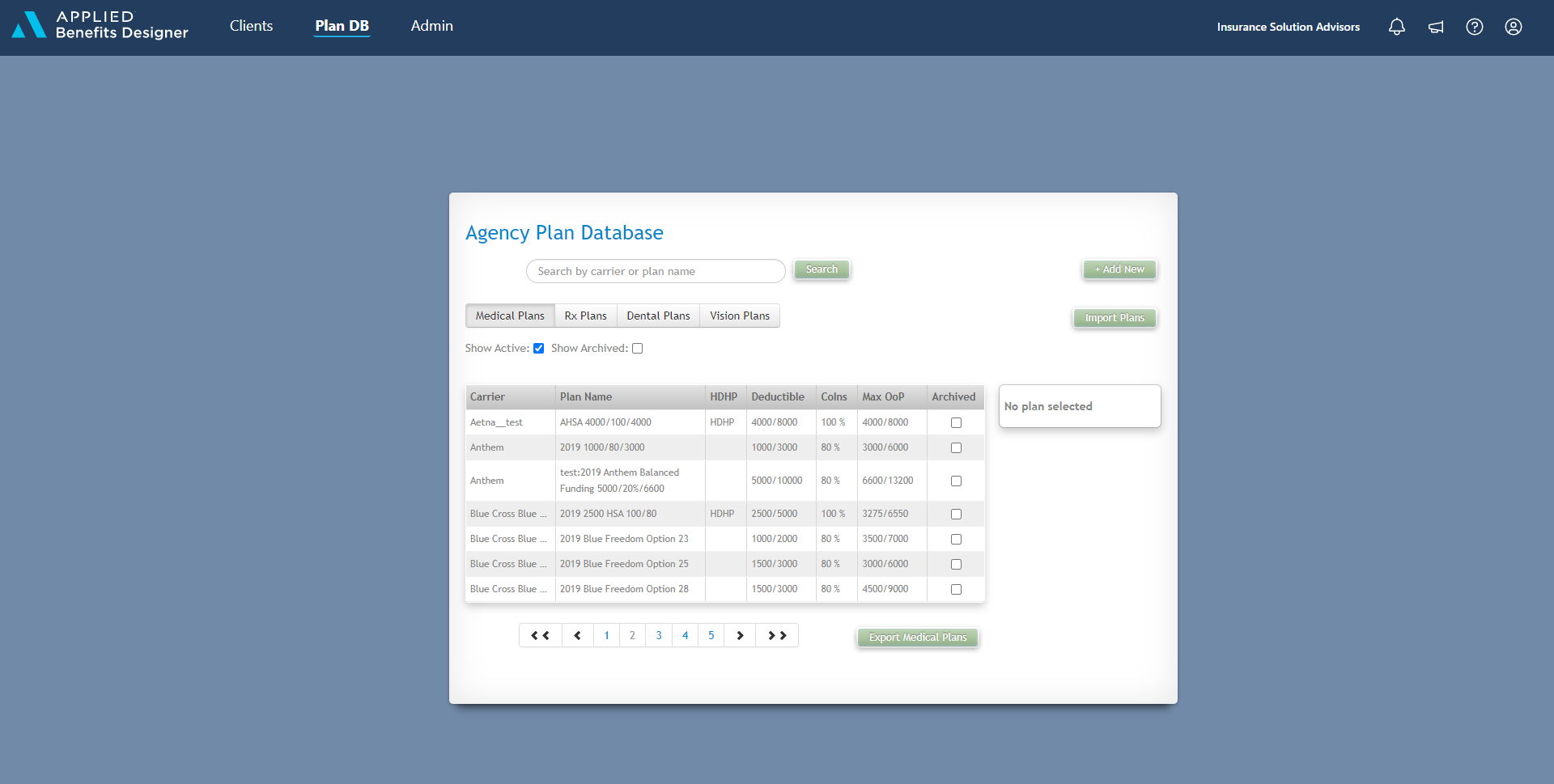 A screenshot of the Applied Benefits Designer webpage showing the Agency Plan Database 