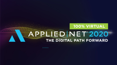 The Applied Systems logo with the words "Applied Net 2020 The Digital Path Forward" on a dark blue background, with a white light beam and a rainbow colored trail going behind the words. A green rectangle with the words "100% Virtual" sits above "NET 2020" . 